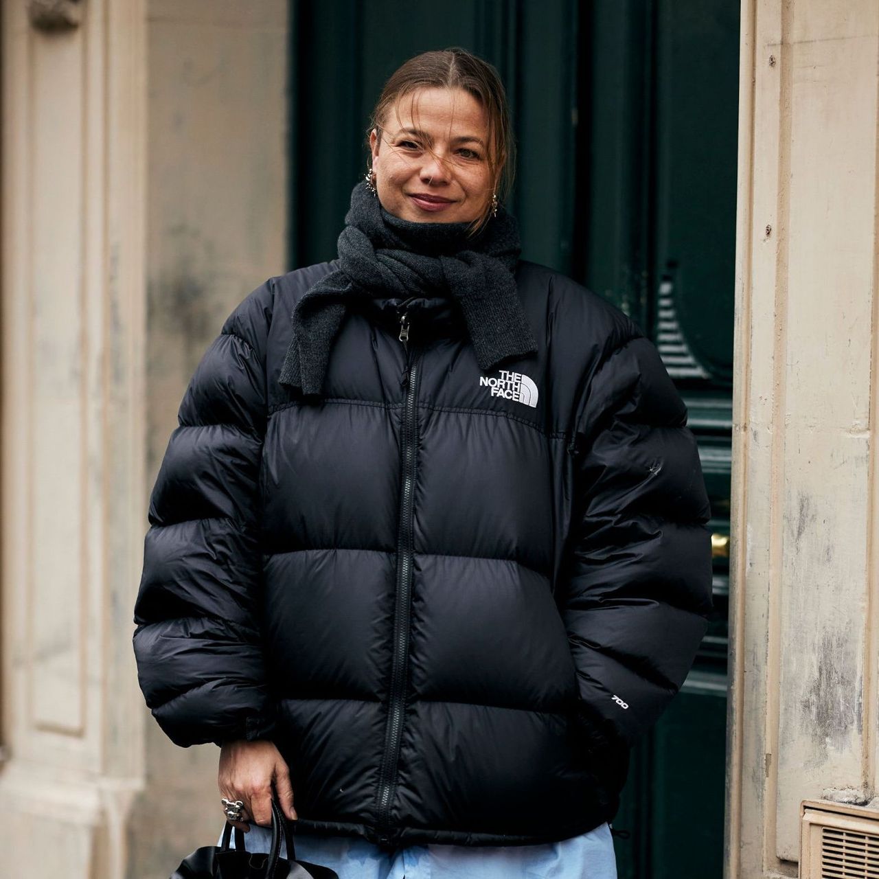 Oversized Black Puffer Jacket with Grey Scarf and Blue Shirt — Winter Puffer Jacket Outfits
