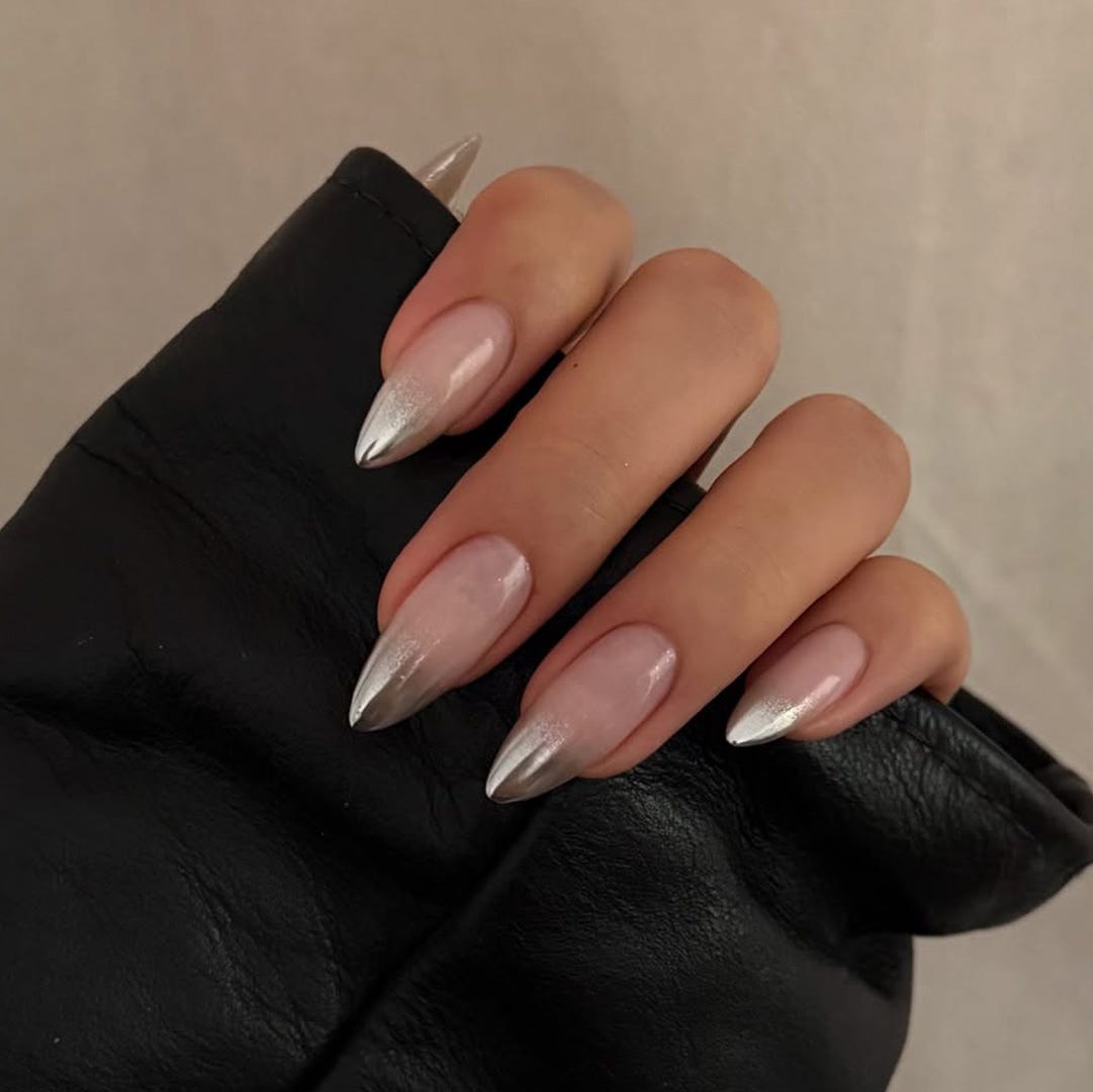 Nude Stiletto with Silver Shimmer Gradient Nude Stiletto with Silver Shimmer Gradient β New Years Acrylic Nails 2027