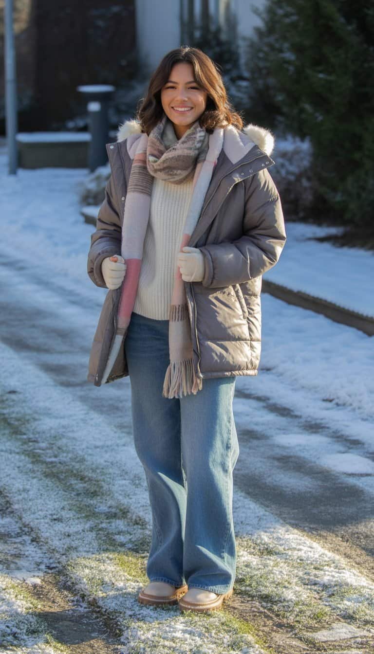 Puffer Power: Grey Puffer Coat with Fur Trim and Wide-Leg Jeans Puffer Power: Grey Puffer Coat with Fur Trim and Wide-Leg Jeans β Comfy Winter Outfits