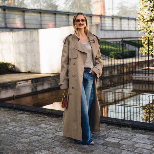 Beige Trench Coat with Grey Sweater and Wide-Leg Jeans Beige Trench Coat with Grey Sweater and Wide-Leg Jeans β Winter to Spring Transition Outfits