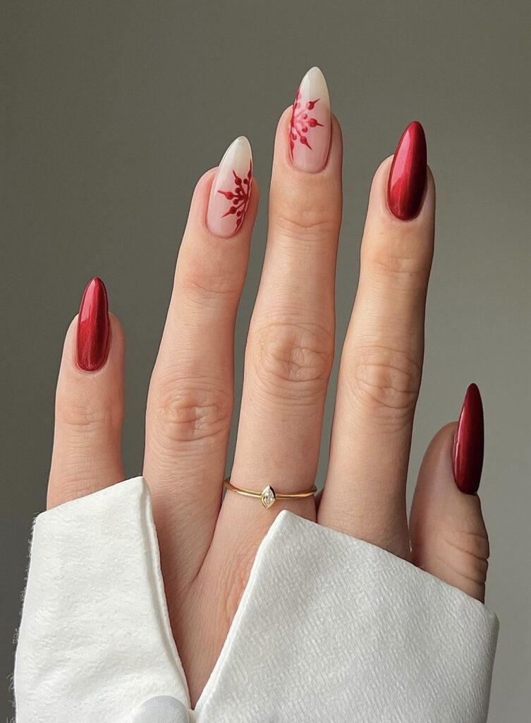 Metallic Red Snowflake Art — Simple Winter Nails