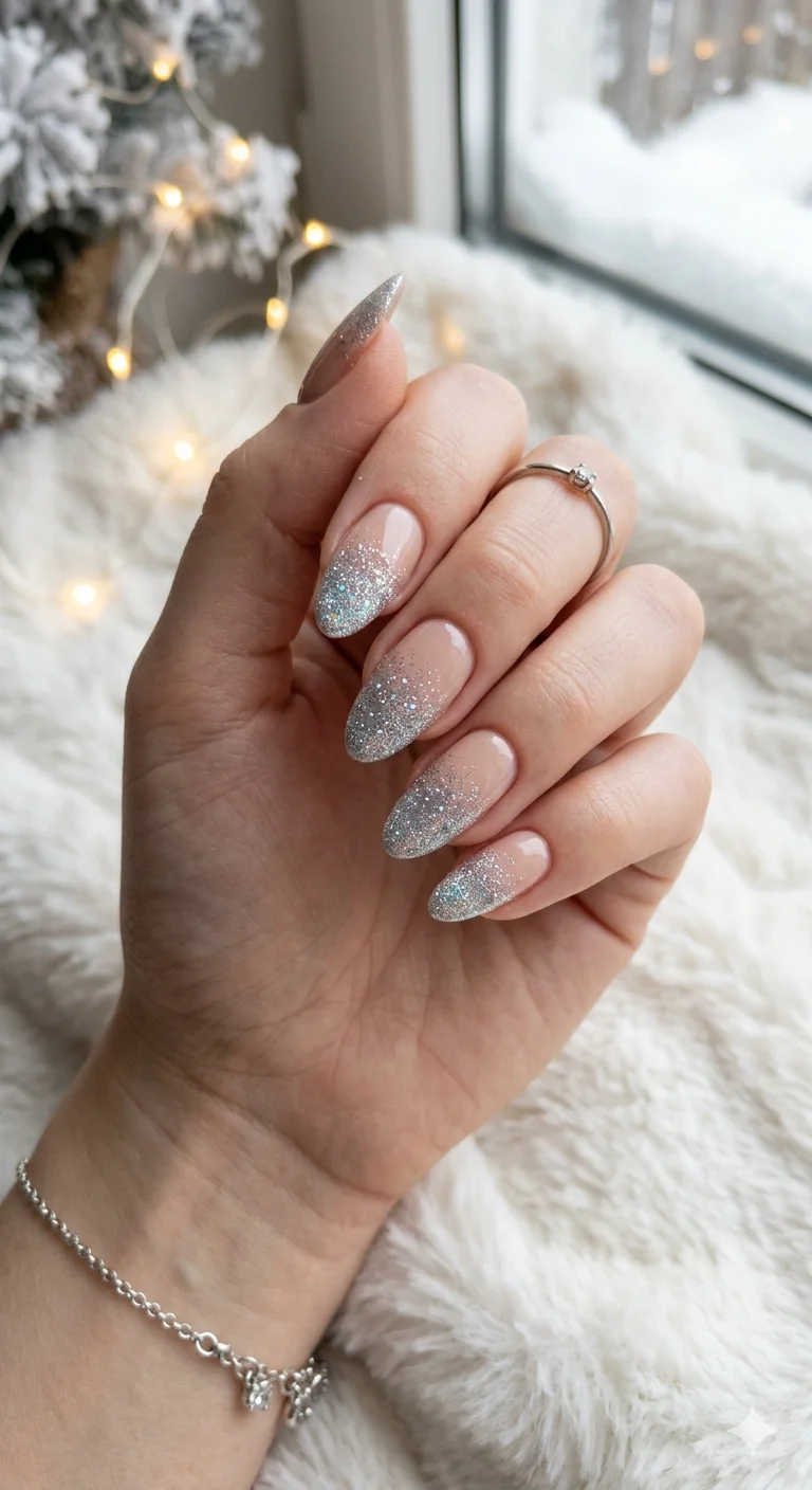 Nude Silver Iridescent Glitter Gradient — Winter Acrylic Nails
