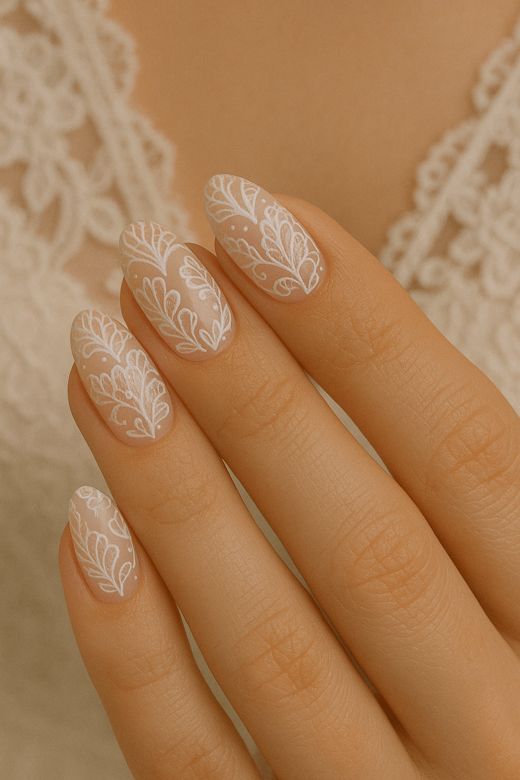 Medium Oval Nude Lace Pattern Nails — Winter Wedding Guest Nails