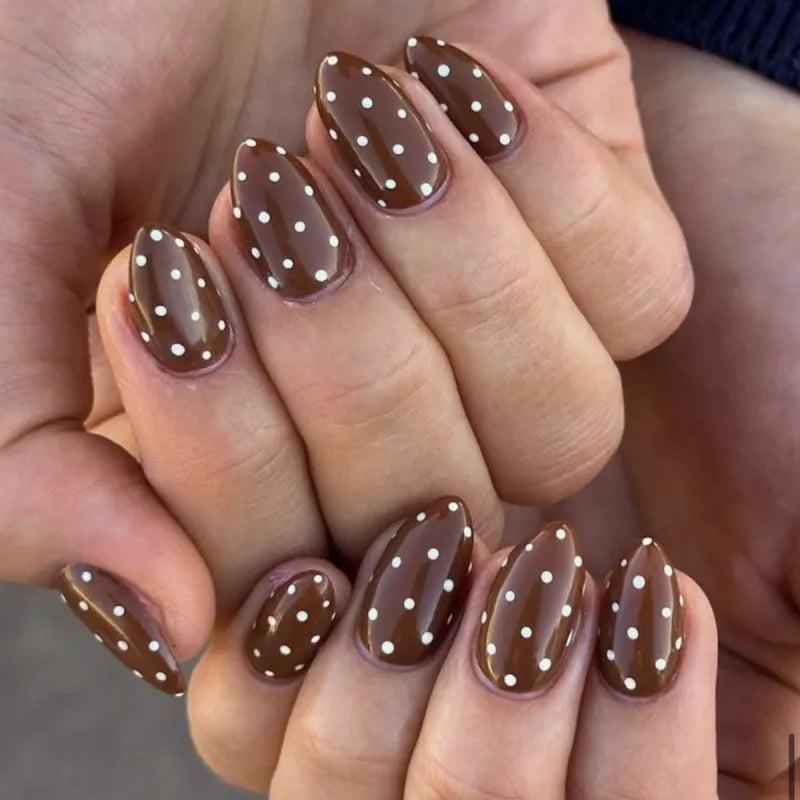 Deep Brown White Polka Dot Medium Almond Nails — Chocolate Brown Nails