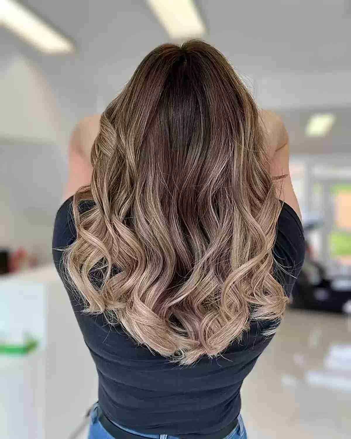 Mushroom Brown With Ash Blonde Balayage Mid-Back Waves With Blended Balayage Mushroom Brown With Ash Blonde Balayage Mid-Back Waves With Blended Balayage β Mushroom Brown Hair