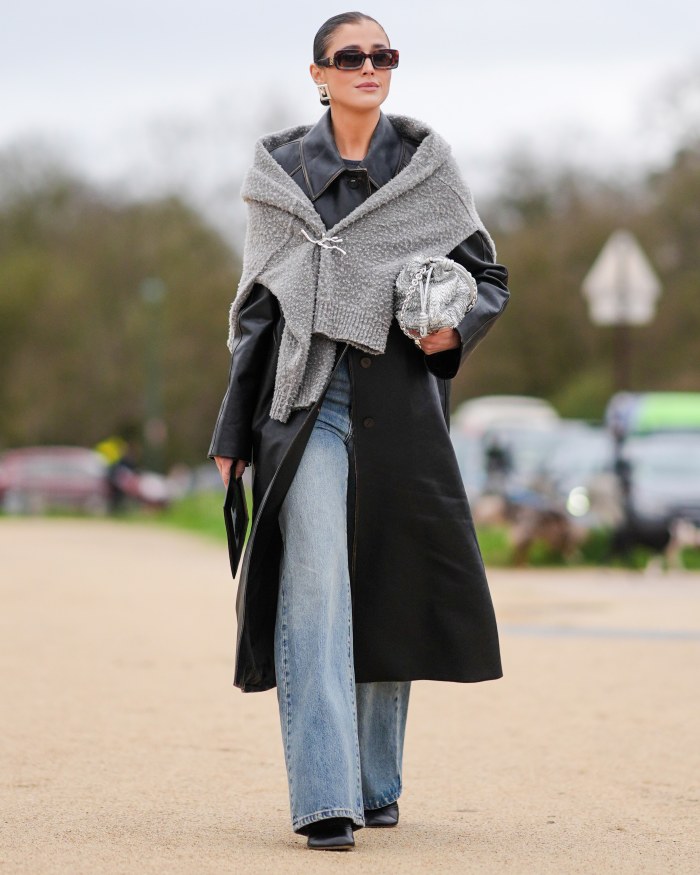 Modern Black Leather Coat with Knit Shawl Draping — Winter Layering Outfits