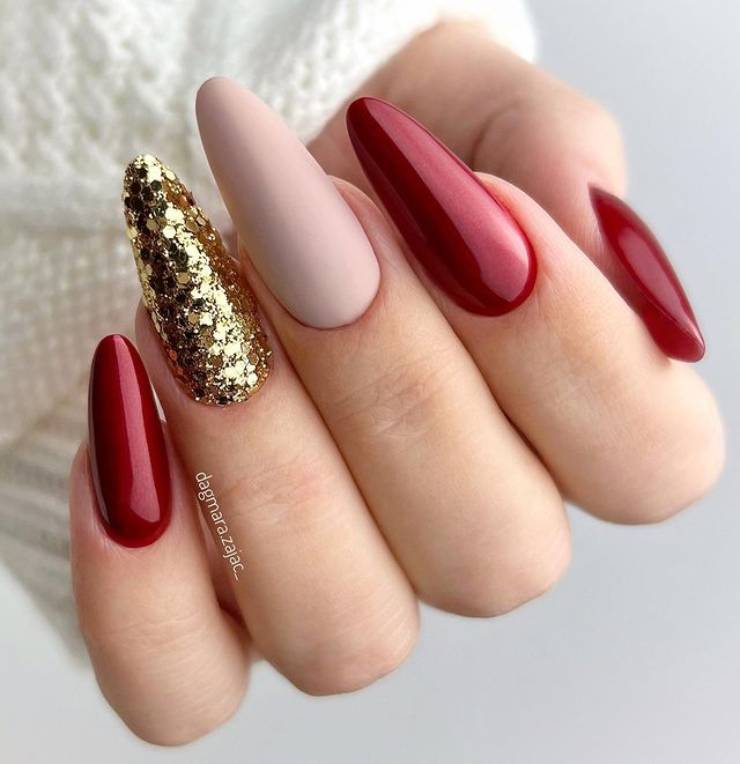 Red Glossy, Matte Nude, and Glitter Mix Red Glossy, Matte Nude, and Glitter Mix β New Years Almond Nails 2027