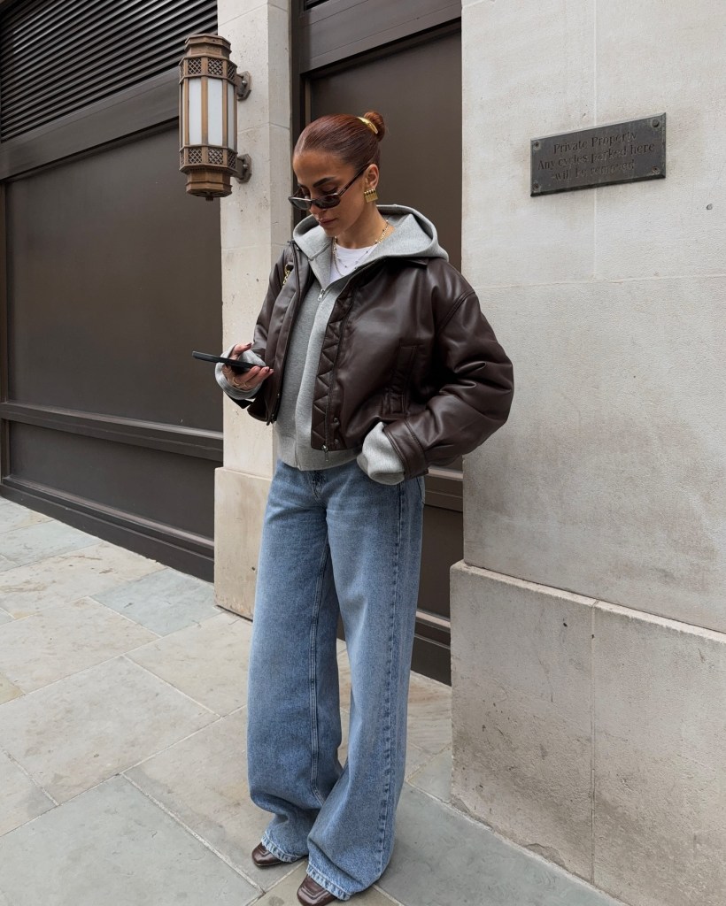 Grey Hoodie with Faux Leather Bomber Jacket — Hoodie Outfits