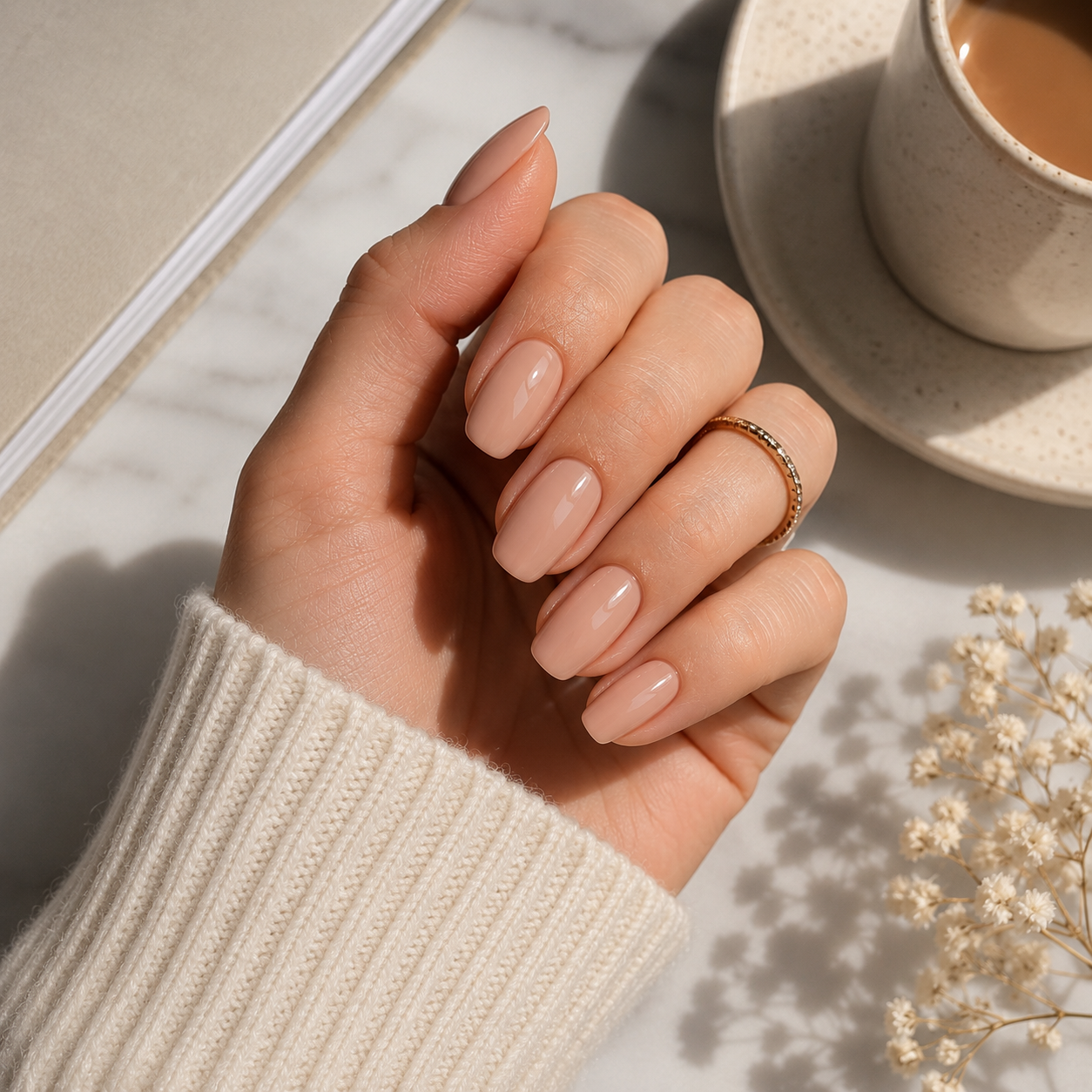 Creamy Nude Beige Oval Glossy — Natural Winter Nails