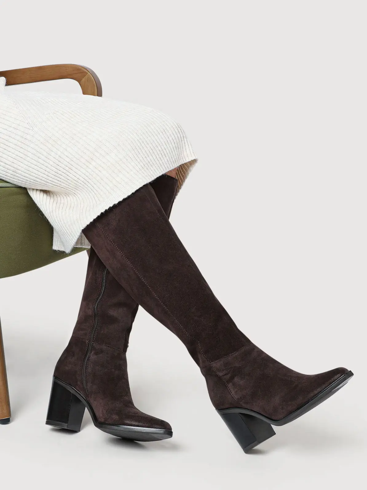 Chunky Block Heel Suede Boots with Cream Knit Dress — Over the Knee Boots Outfits