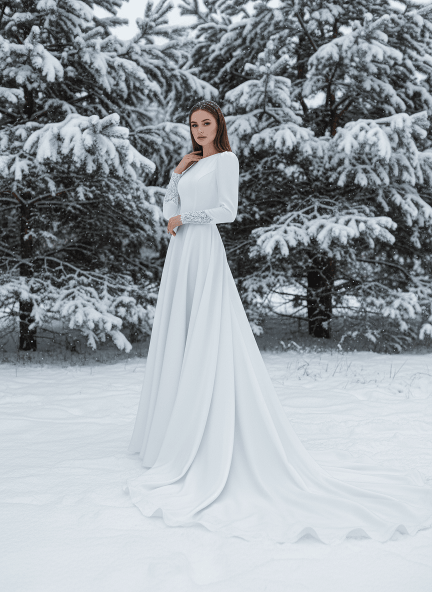 Ivory Lace A-Line Wedding Dress with Long Sleeves — Boho Winter Outfits