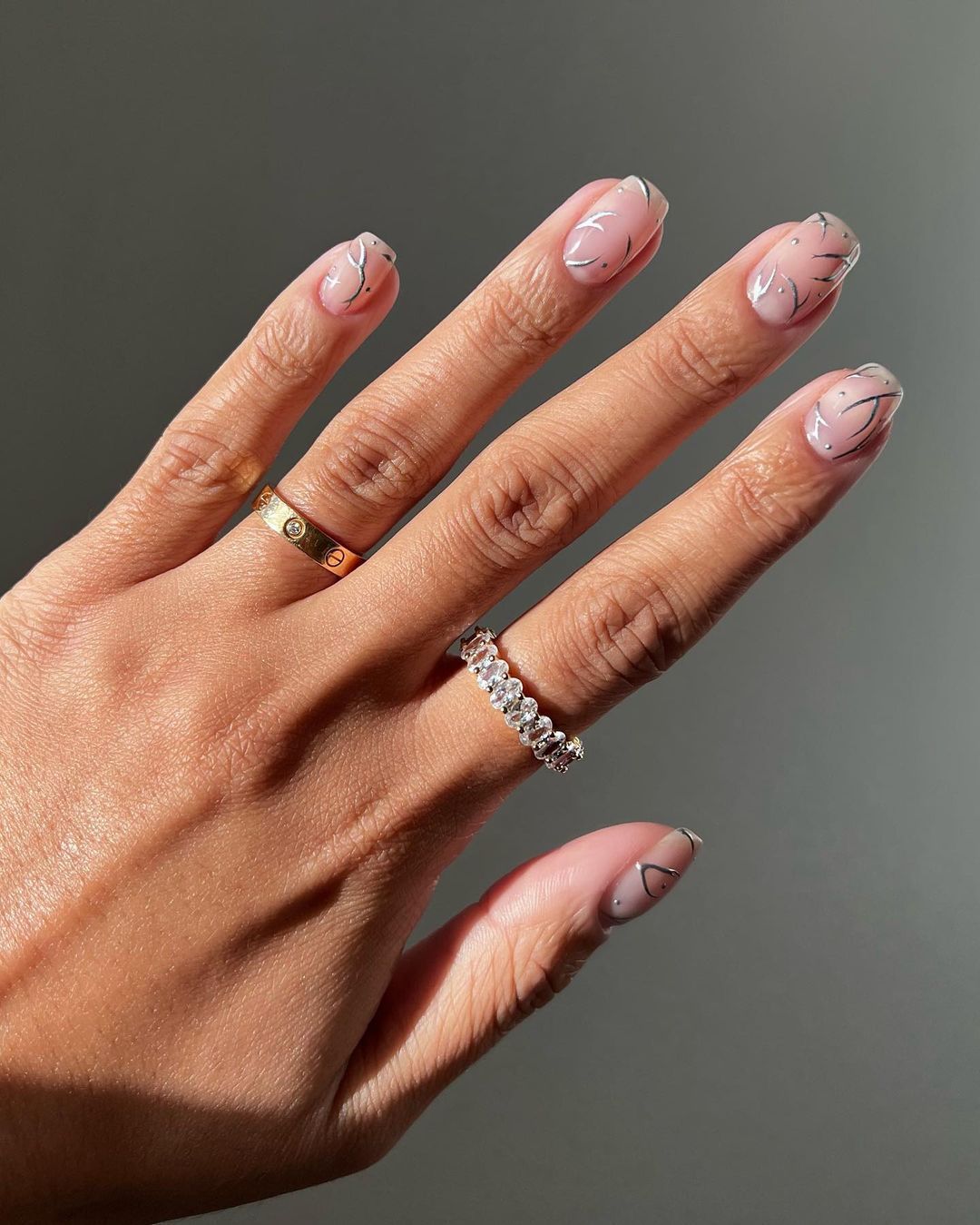 Nude with Silver Lines and Dots Nude with Silver Lines and Dots β Clean Girl Winter Nails