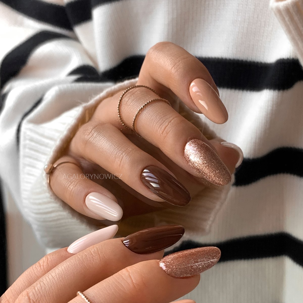 Chocolate Rose Gold Glitter Almond Nails — Winter Gel Nail Colors