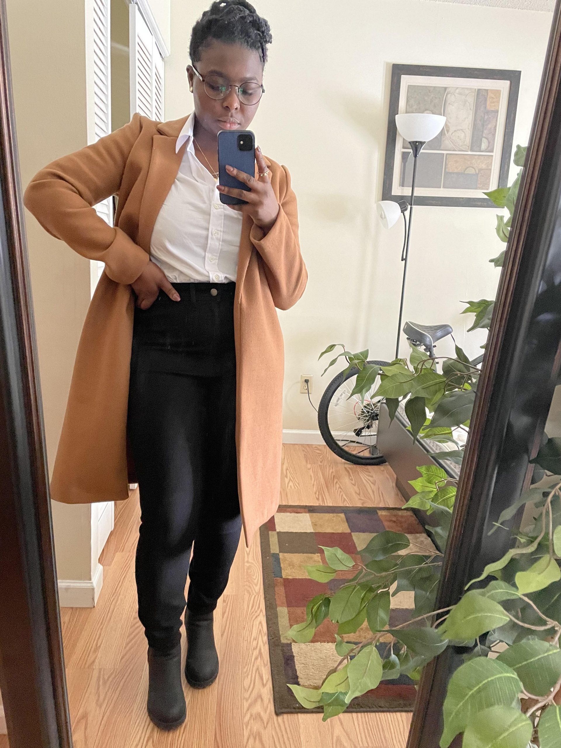 Camel Coat Over White Button-Up And Black Pants — Camel Coat Outfits