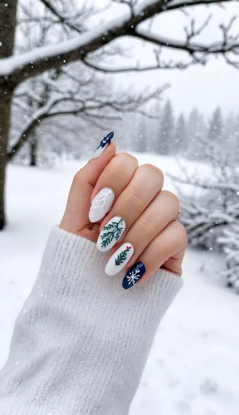 Festive Deep Blue Pine Branch Nails — Winter Nail Art