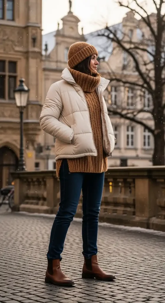 Cream Puffer Jacket with Brown Knit Turtleneck Cream Puffer Jacket with Brown Knit Turtleneck β Warm Winter Outfits