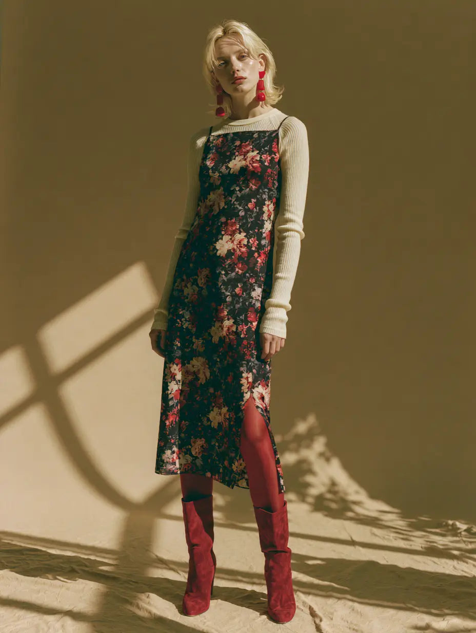 Floral Slip Dress Over Knit Top with Red Boots and Tights Floral Slip Dress Over Knit Top with Red Boots and Tights β Winter Dress Outfits
