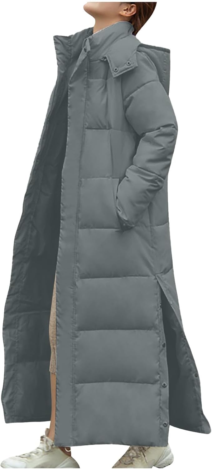 Long Grey Puffer Coat with Maxi Length and Side Slits — Winter Coats for Women