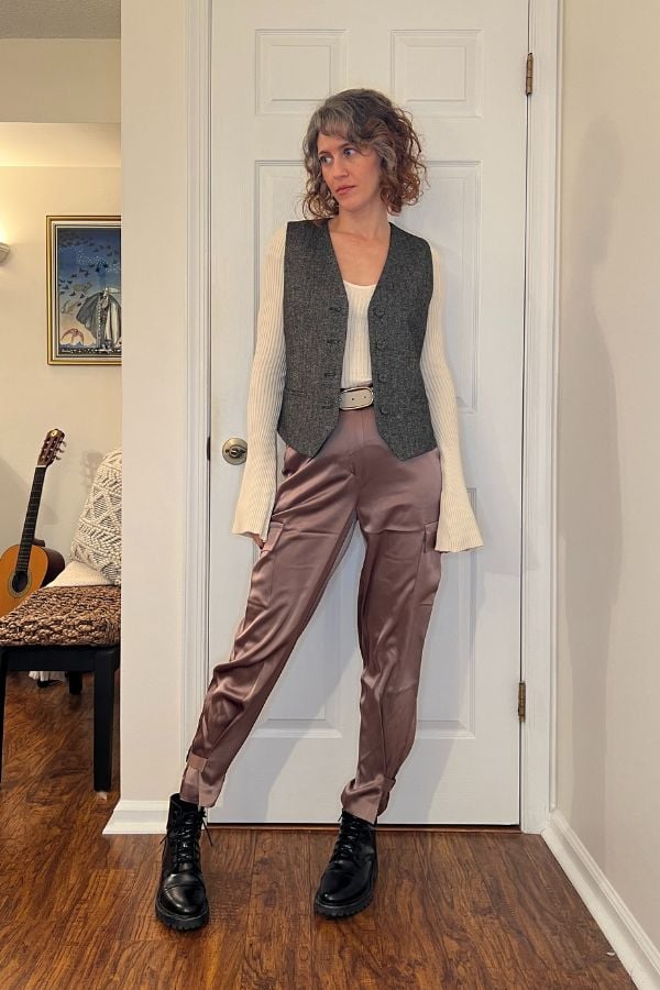 Tweed Vest and Satin Cargo Pants Tweed Vest and Satin Cargo Pants β Winter Concert Outfits