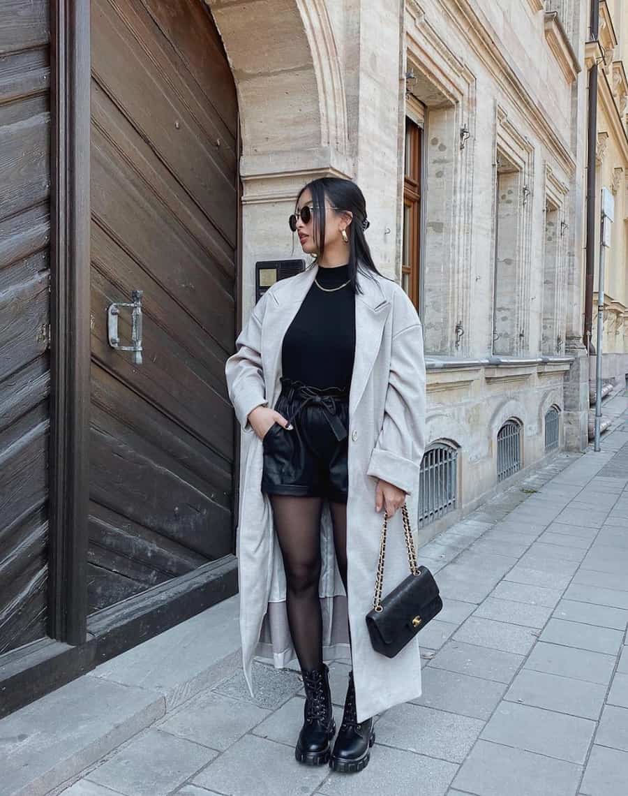 Leather Shorts and Grey Coat with Black Tights Leather Shorts and Grey Coat with Black Tights β Tights Outfits