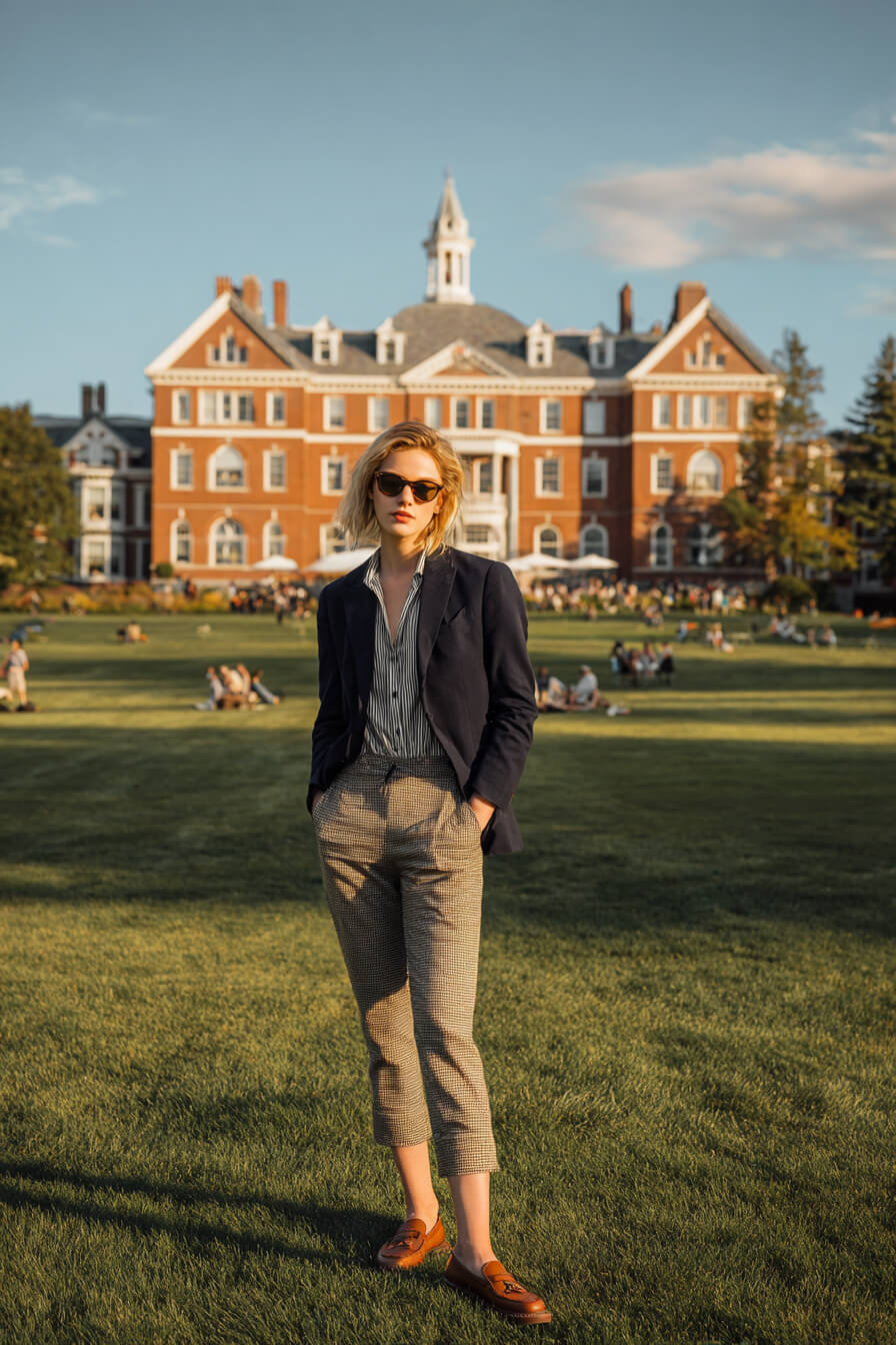 Navy Blazer with Houndstooth Trousers and Striped Shirt Navy Blazer with Houndstooth Trousers and Striped Shirt β Preppy Winter Outfits
