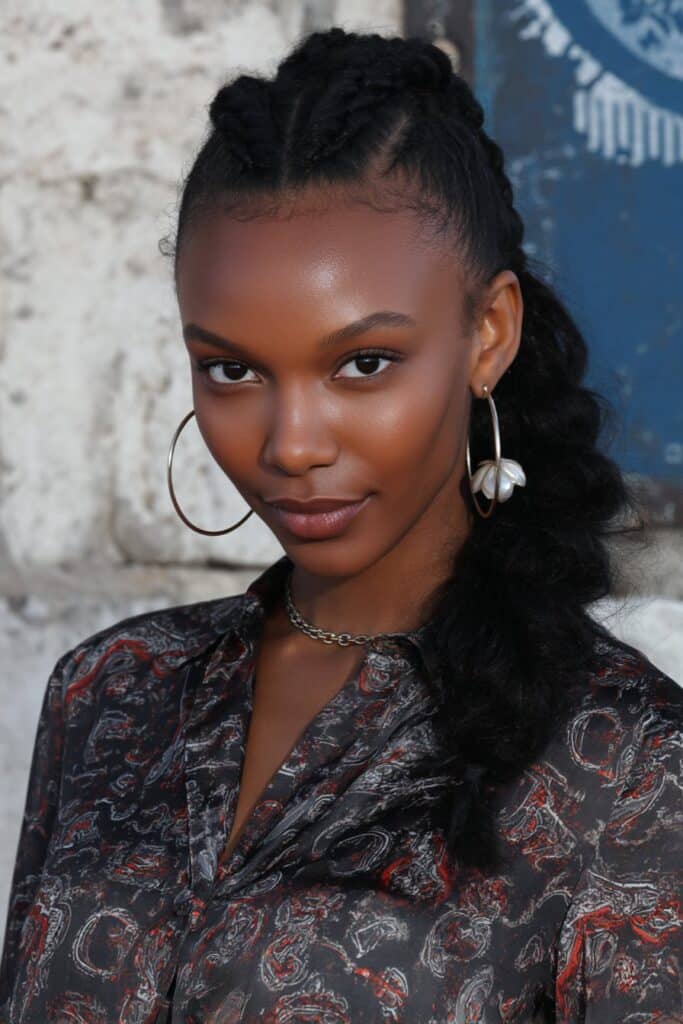 Textured Black Braided Updo with Side Ponytail Textured Black Braided Updo with Side Ponytail β Winter Braided Hairstyles
