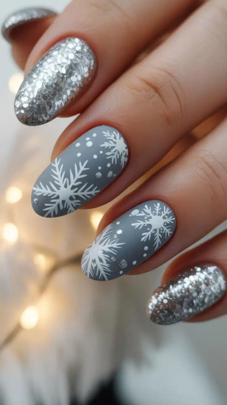 Matte And Glitter Visual Idea — Winter Gray Nails