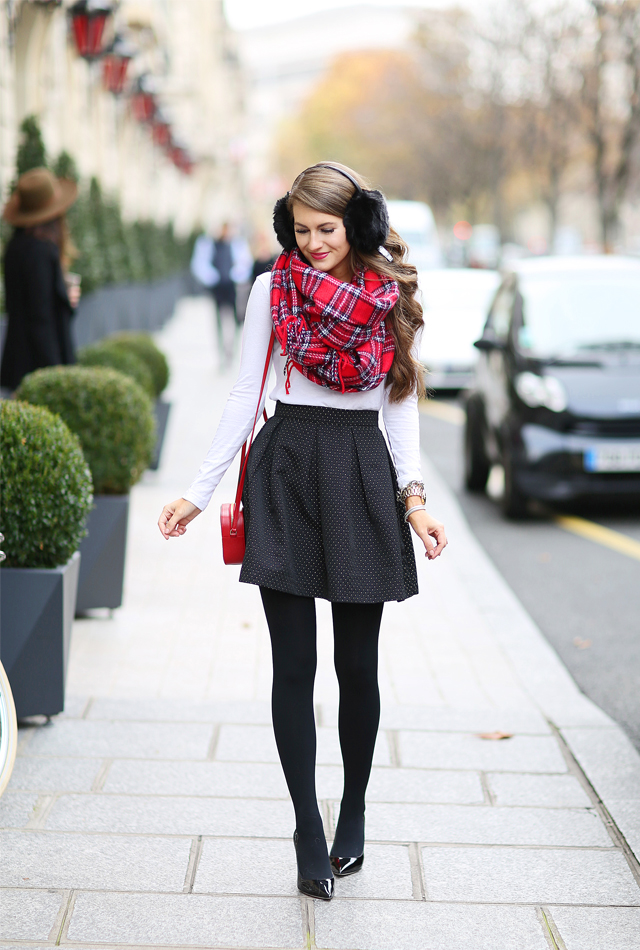 Festive Red Scarf and Black Skirt Combination — Winter Party Outfits