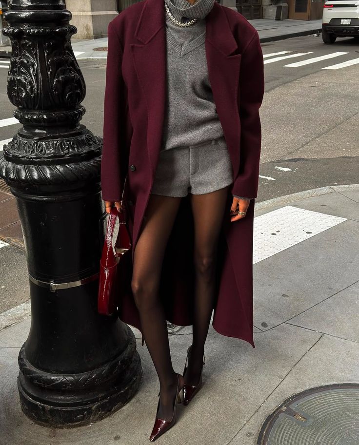 Burgundy Coat over Grey Sweater and Shorts — Minimalist Winter Outfits