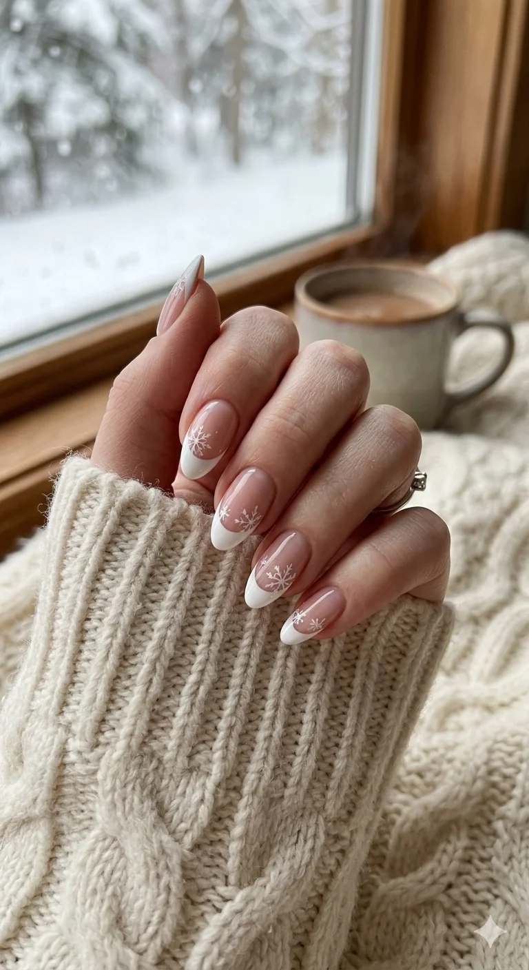Snowflake Accent French Tip Almond Nails Snowflake Accent French Tip Almond Nails β Winter French Tip Nails