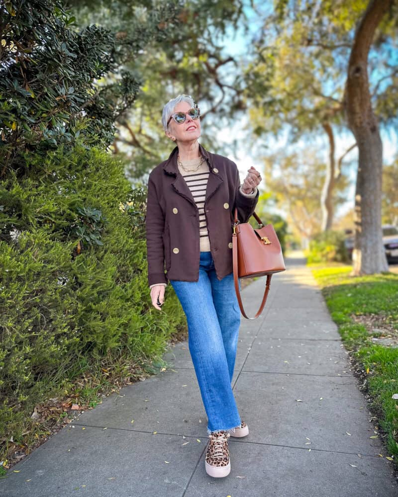 Double-Breasted Jacket with Leopard Sneakers — Casual Winter Outfits
