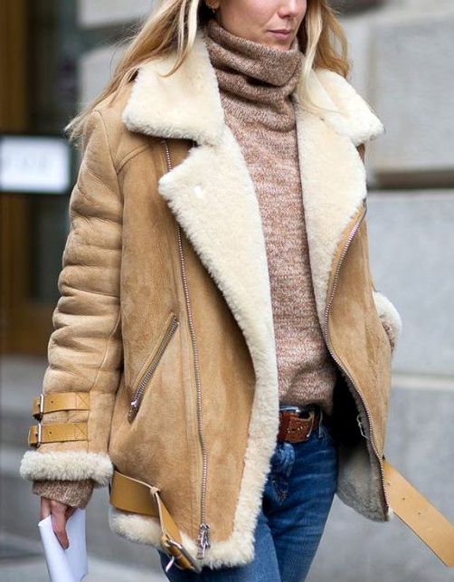 Tan Suede Aviator Jacket with Brown Turtleneck and Denim — Shearling Coat Outfits