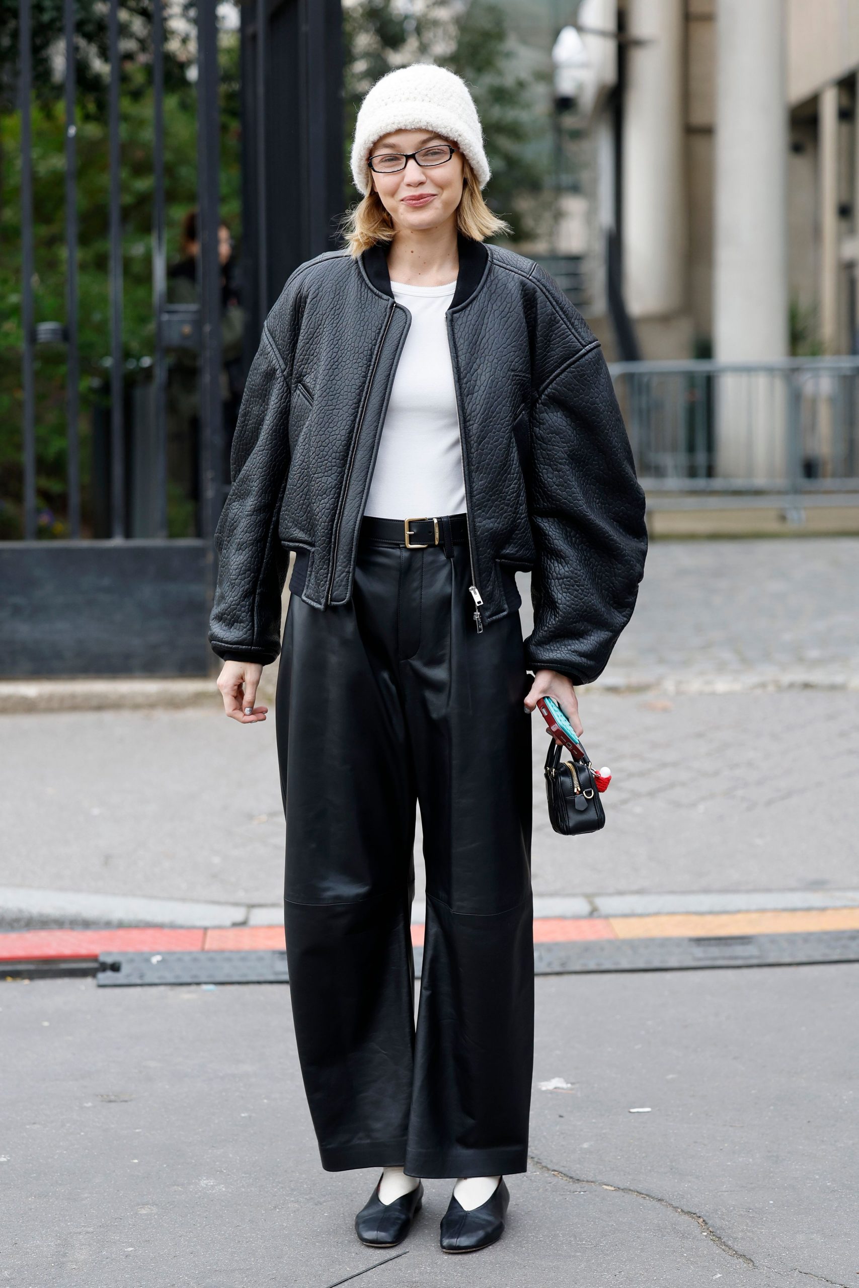 Casual Black Leather Pants with White Tee, Bomber Jacket, and Beanie — Leather Pants Outfits