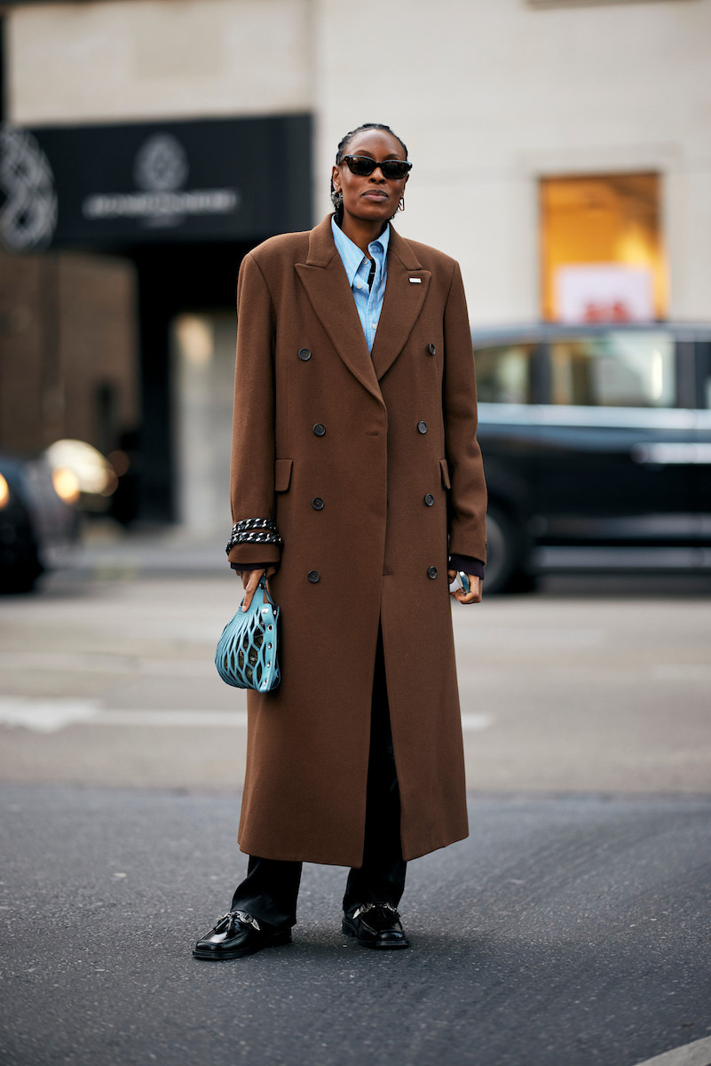 Brown Double-Breasted Coat with Button-Up Shirt — Brown Coat Outfits