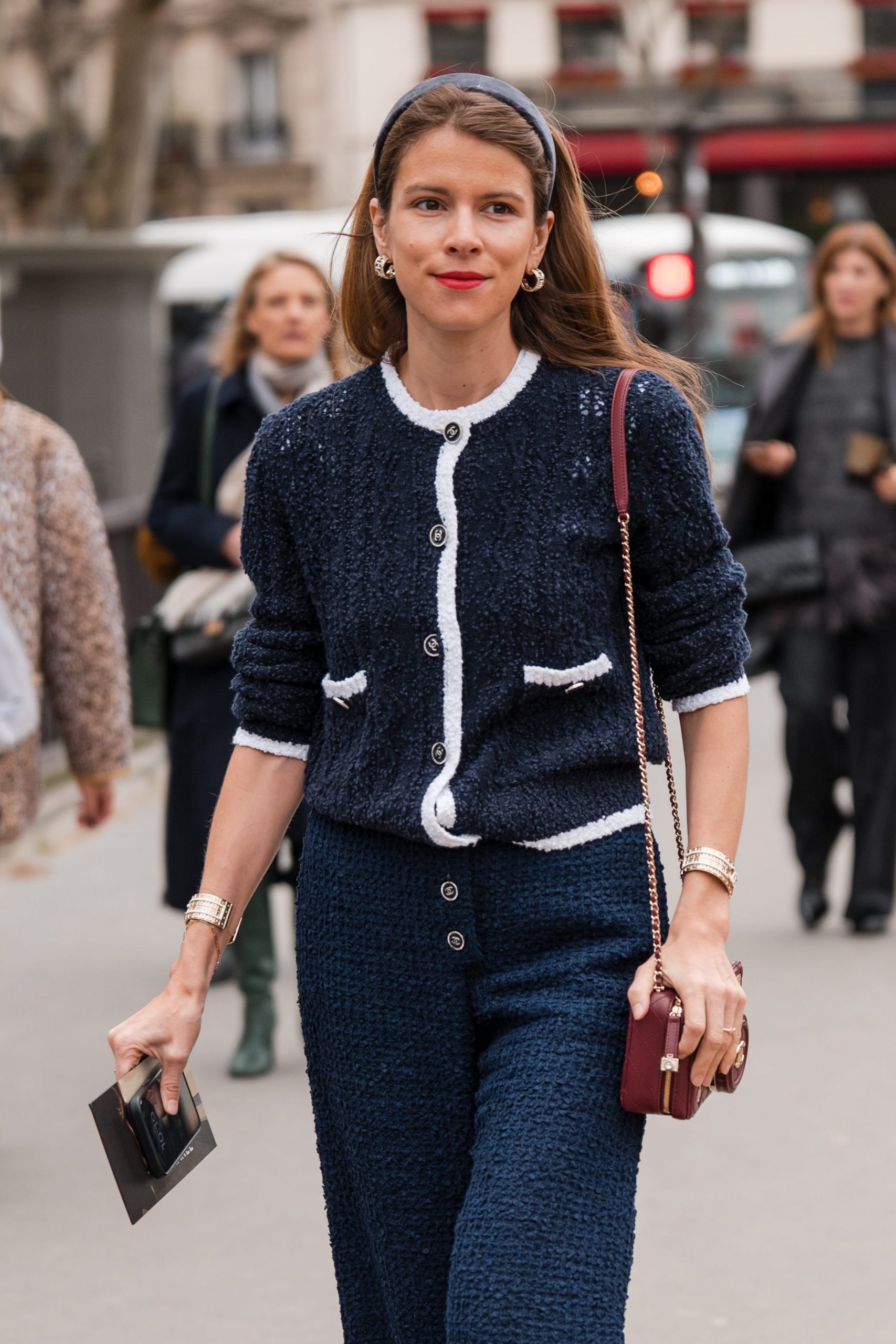 Navy Blue Cardigan with White Trim and Matching Trousers — Cardigan Outfits