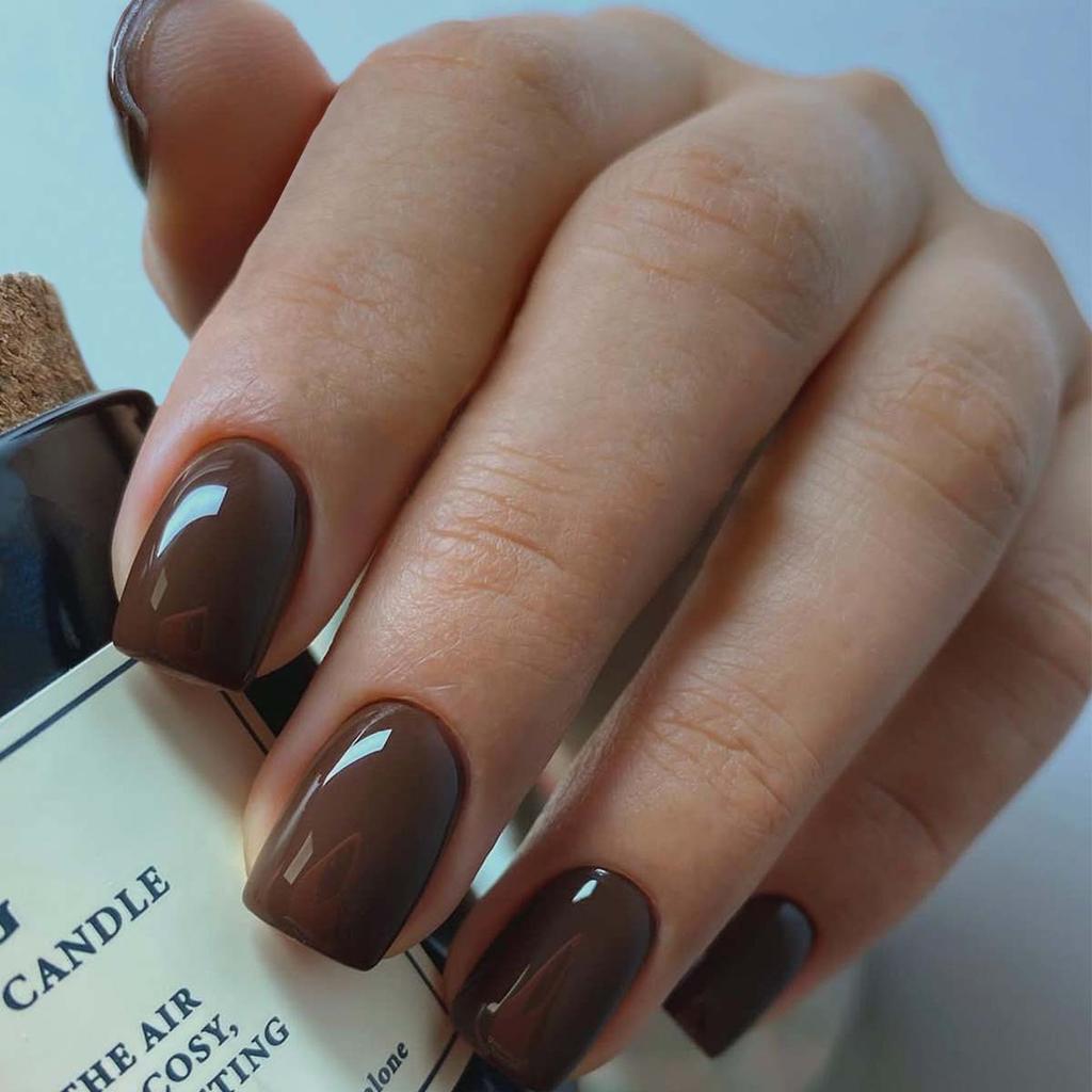 Deep Rich Brown Glossy Nails — Short Winter Gel Nails