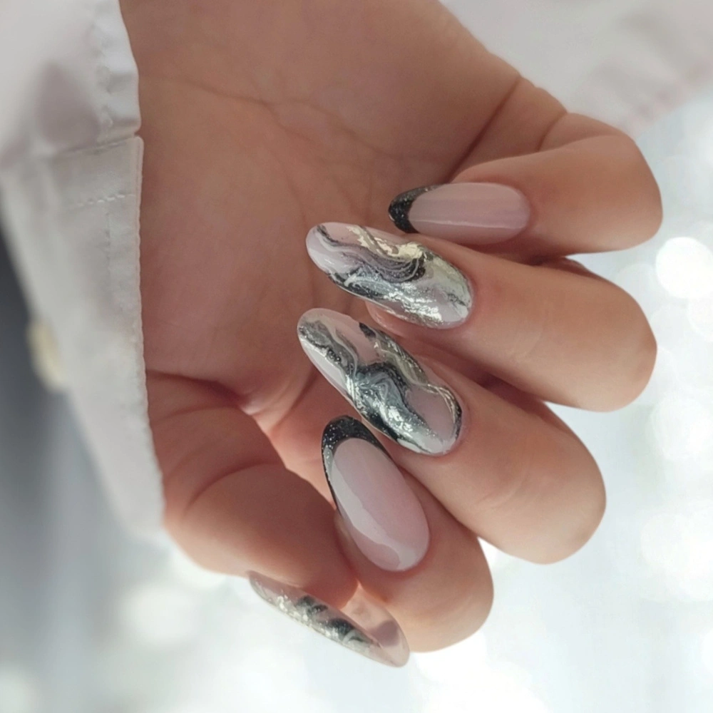 Marble with Black French Tip on Oval Nails — Winter Marble Nails