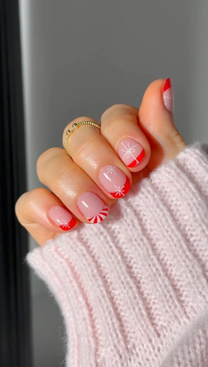 Short Round Candy Cane Tips Short Round Candy Cane Tips β Winter Nail Art Simple