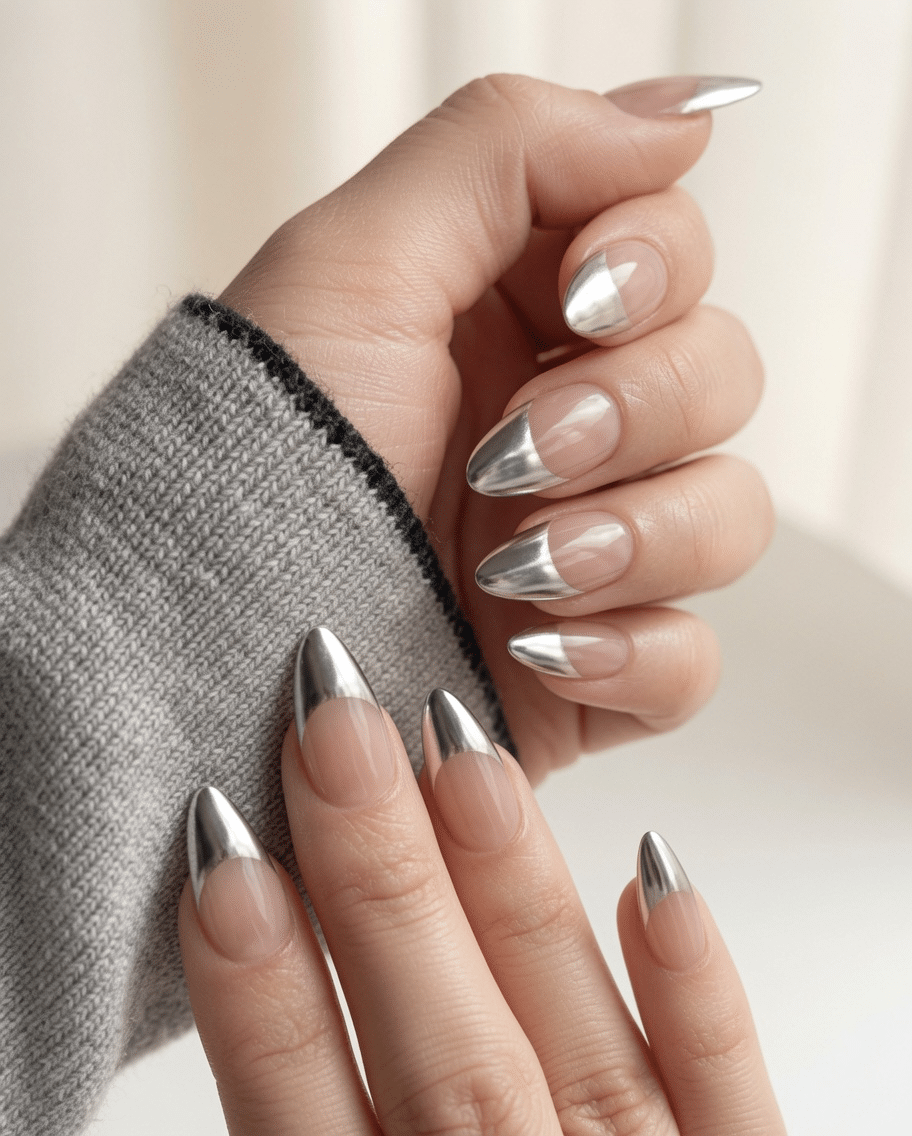 Silver Chrome French Tips on Stilettos Silver Chrome French Tips on Stilettos β Silver Chrome Nails