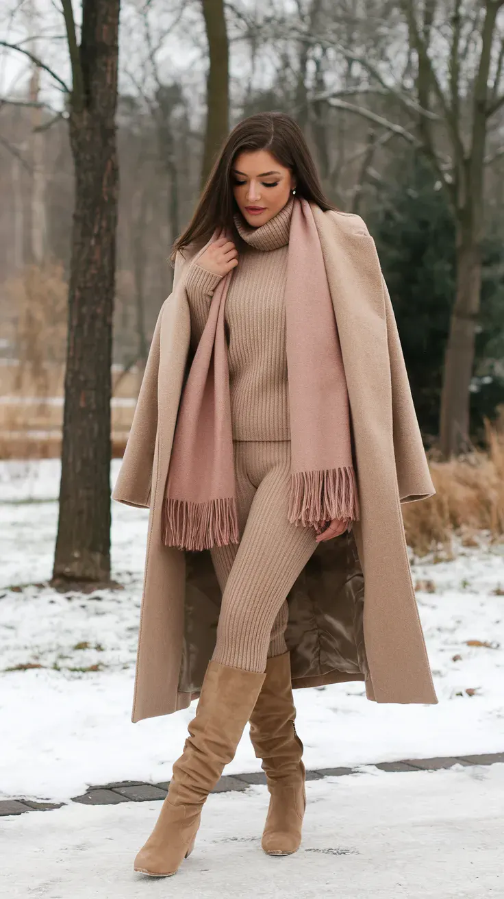 Beige Knit Set with Camel Coat and Suede Boots for Chic Winter Daywear Beige Knit Set with Camel Coat and Suede Boots for Chic Winter Daywear β Disney Winter Outfits