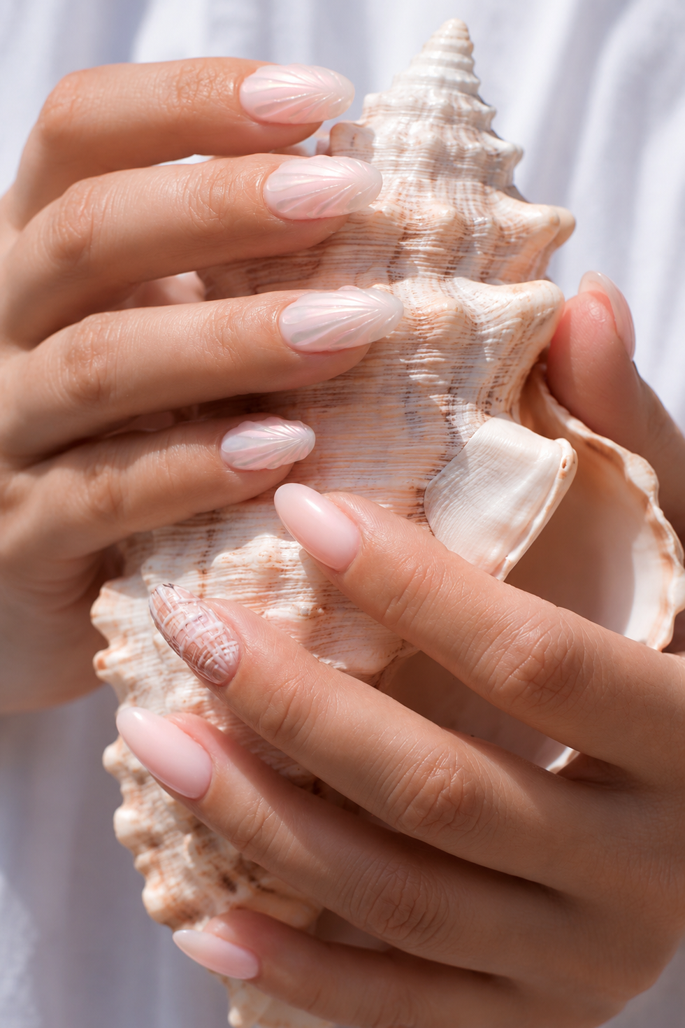 Pearlescent Oval with Seashell Art — Holiday Nail Colors 2026