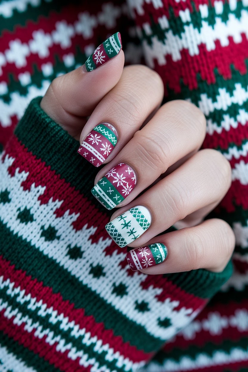 Short Square Ugly Sweater Pattern Nails — Green Christmas Nails 2026
