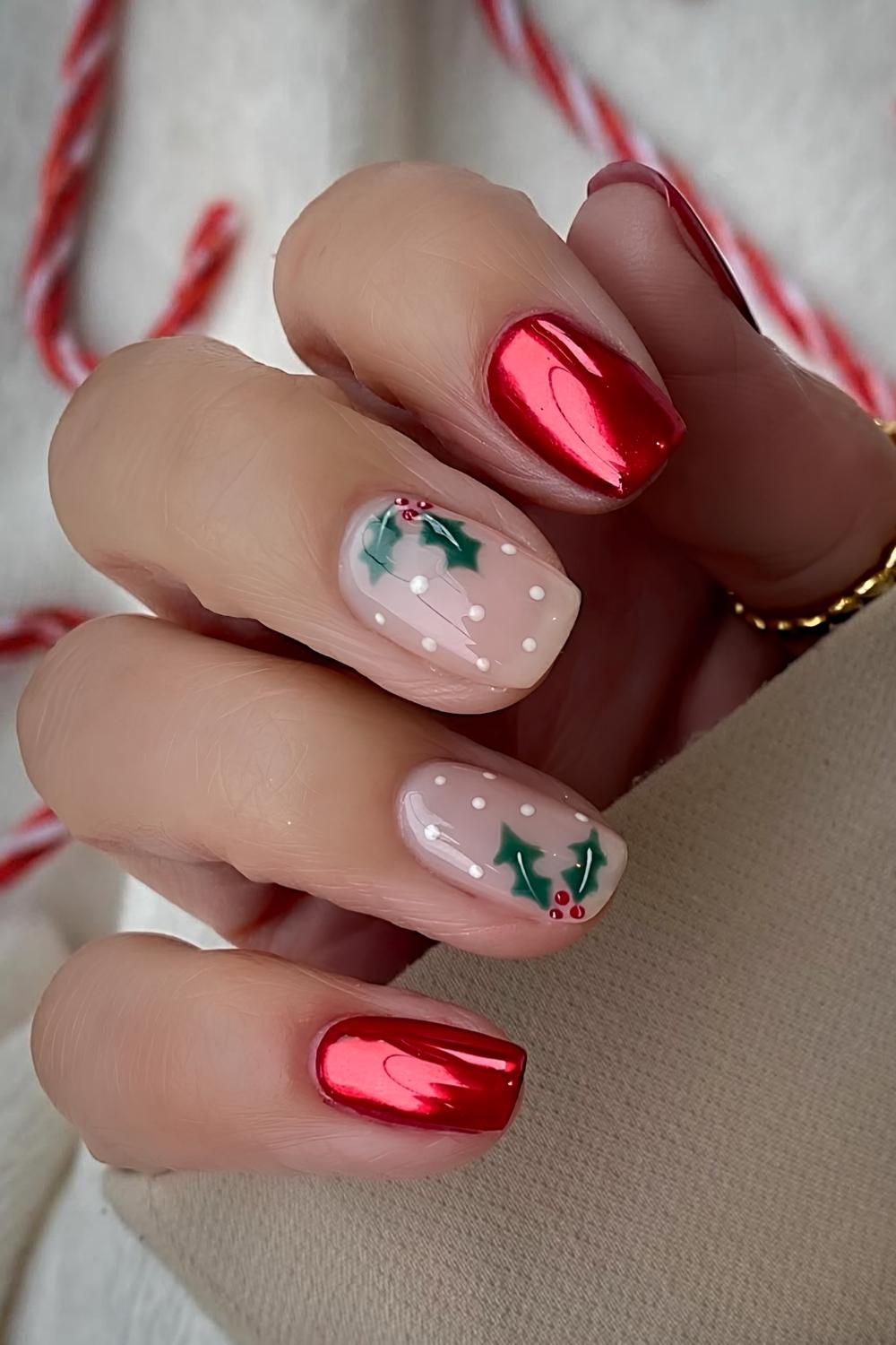 Metallic Red Holly Dot Nails Metallic Red Holly Dot Nails β Simple Short Christmas Nails 2026