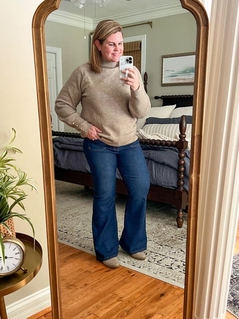 Beige Ribbed Turtleneck with Pearl Cuffs and Flare Jeans Beige Ribbed Turtleneck with Pearl Cuffs and Flare Jeans β Turtleneck Outfits