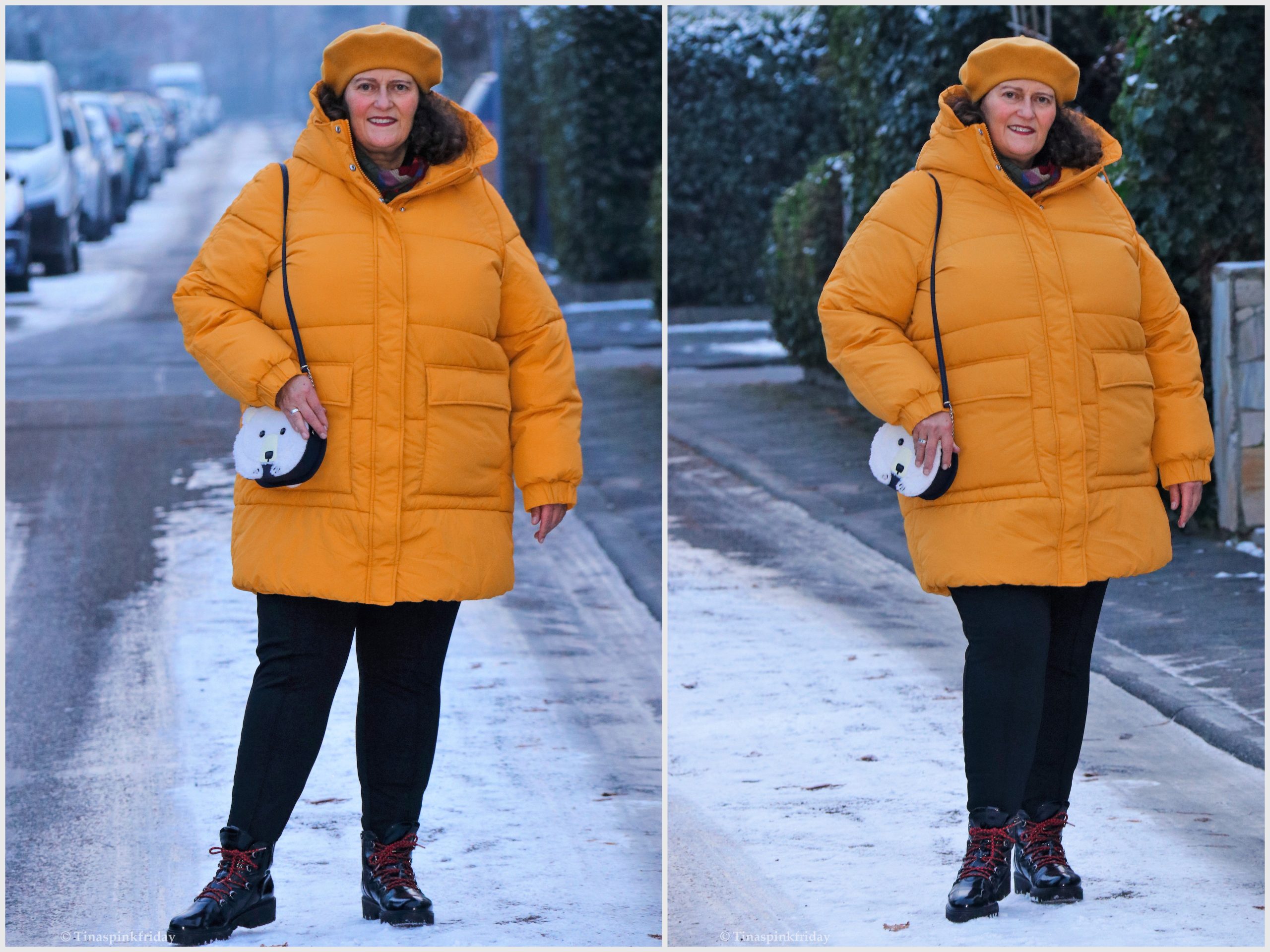 Vibrant Statement: Yellow Puffer Coat in Snowy Setting — Late Winter Outfits