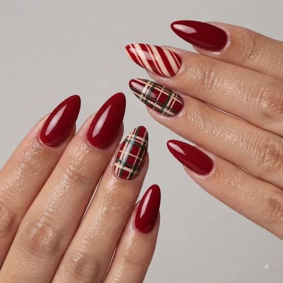 Deep Red Plaid & Candy Cane Almonds — Christmas Nail Designs 2026
