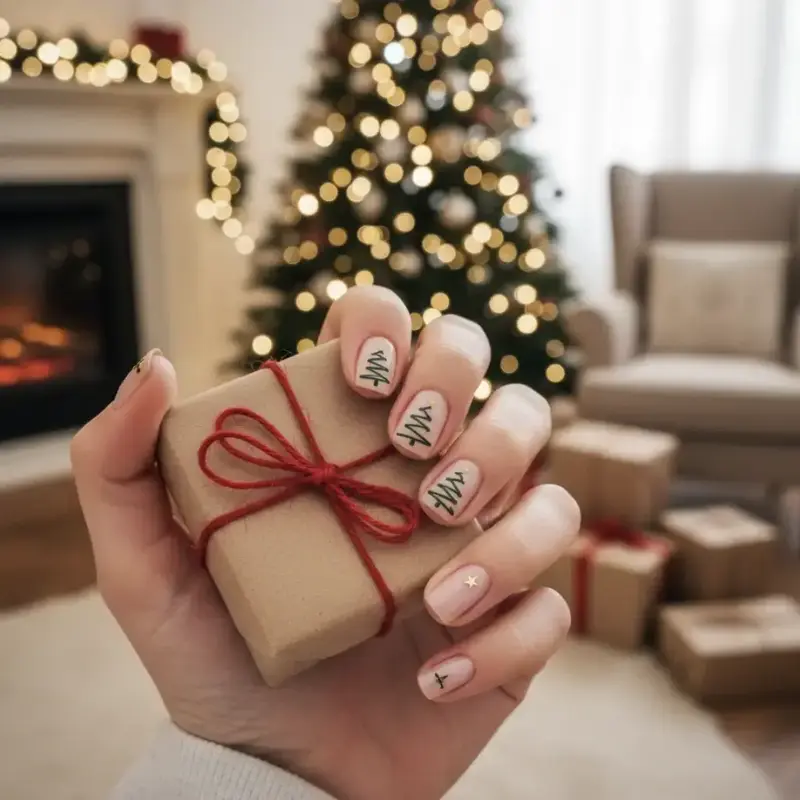 Subtle Nude Christmas Tree Art — Short Christmas Nails 2026