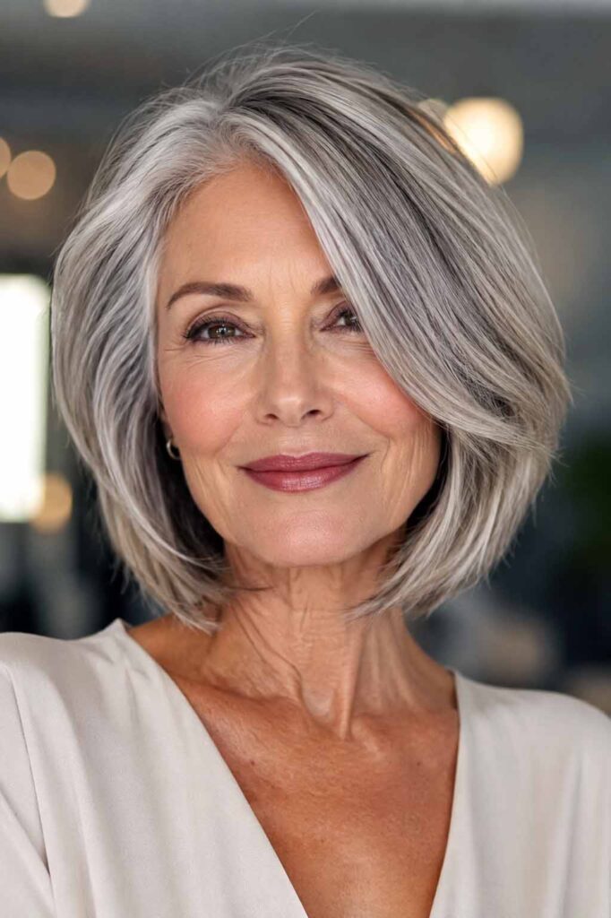 Chin Bob With Salt and Pepper Bangs — Winter Haircuts for Oval Faces
