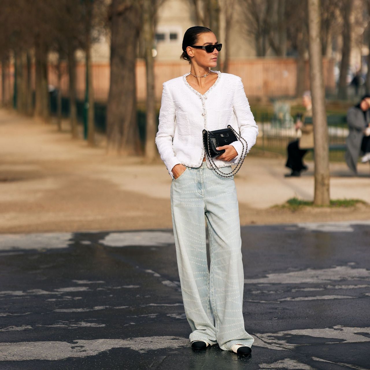 White Textured Jacket with Wide-Leg Jeans and Loafers White Textured Jacket with Wide-Leg Jeans and Loafers β Winter to Spring Transition Outfits