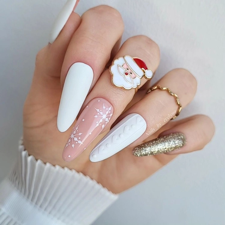 Long Coffin White Matte Knit Snowflakes — Sweater Nails